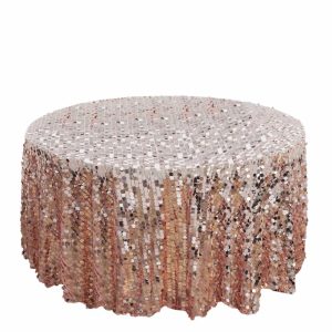 Sequin & Shimmer |  120″ Rose Gold Seamless Big Payette Sequin Round Tablecloth Premium Collection for 5 Foot Table With Floor-Length Drop