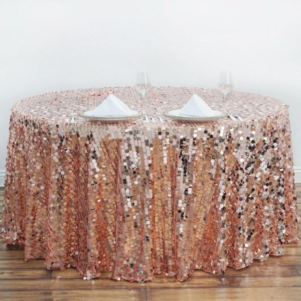 Sequin & Shimmer |  120″ Rose Gold Seamless Big Payette Sequin Round Tablecloth Premium Collection for 5 Foot Table With Floor-Length Drop