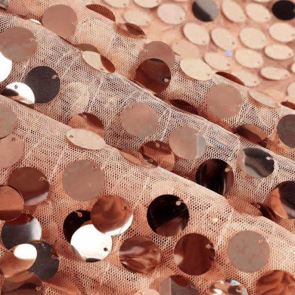 Sequin & Shimmer |  120″ Rose Gold Seamless Big Payette Sequin Round Tablecloth Premium Collection for 5 Foot Table With Floor-Length Drop