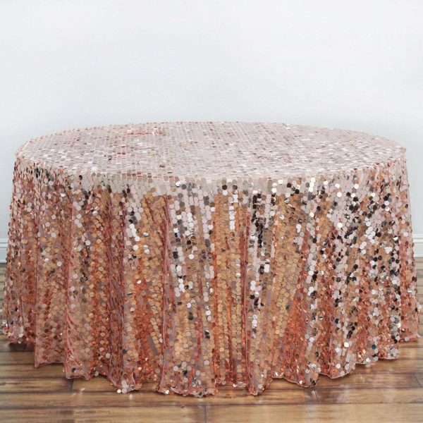 Sequin & Shimmer |  120″ Rose Gold Seamless Big Payette Sequin Round Tablecloth Premium Collection for 5 Foot Table With Floor-Length Drop