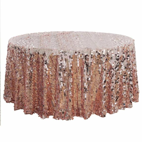 Sequin & Shimmer |  120″ Rose Gold Seamless Big Payette Sequin Round Tablecloth Premium Collection for 5 Foot Table With Floor-Length Drop