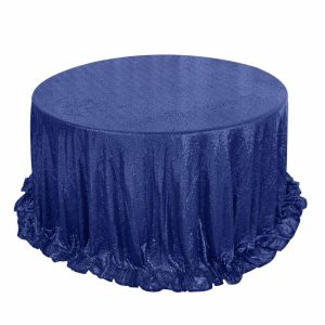 Sequin & Shimmer |  132″ Navy Blue Seamless Premium Sequin Round Tablecloth, Sparkly Tablecloth for 6 Foot Table With Floor-Length Drop