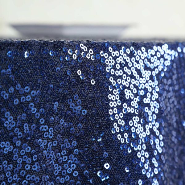 Sequin & Shimmer |  132″ Navy Blue Seamless Premium Sequin Round Tablecloth, Sparkly Tablecloth for 6 Foot Table With Floor-Length Drop