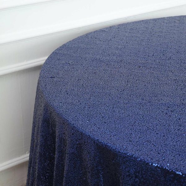 Sequin & Shimmer |  132″ Navy Blue Seamless Premium Sequin Round Tablecloth, Sparkly Tablecloth for 6 Foot Table With Floor-Length Drop