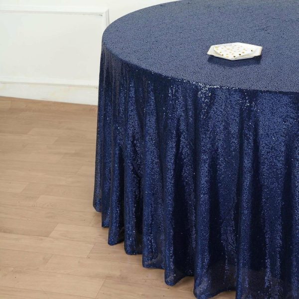 Sequin & Shimmer |  132″ Navy Blue Seamless Premium Sequin Round Tablecloth, Sparkly Tablecloth for 6 Foot Table With Floor-Length Drop