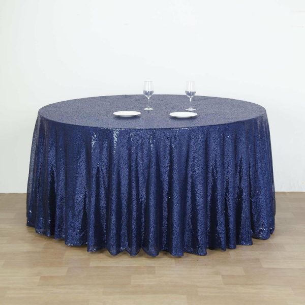 Sequin & Shimmer |  132″ Navy Blue Seamless Premium Sequin Round Tablecloth, Sparkly Tablecloth for 6 Foot Table With Floor-Length Drop