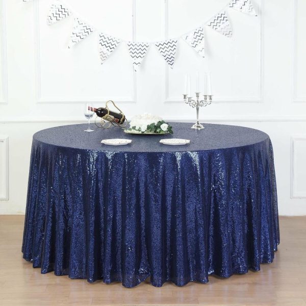 Sequin & Shimmer |  132″ Navy Blue Seamless Premium Sequin Round Tablecloth, Sparkly Tablecloth for 6 Foot Table With Floor-Length Drop