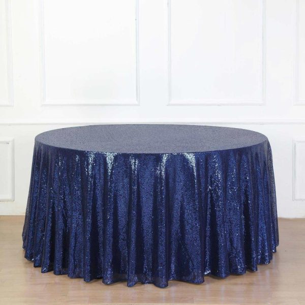 Sequin & Shimmer |  132″ Navy Blue Seamless Premium Sequin Round Tablecloth, Sparkly Tablecloth for 6 Foot Table With Floor-Length Drop