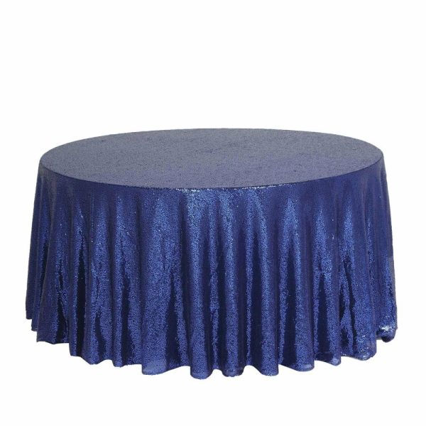 Sequin & Shimmer |  132″ Navy Blue Seamless Premium Sequin Round Tablecloth, Sparkly Tablecloth for 6 Foot Table With Floor-Length Drop