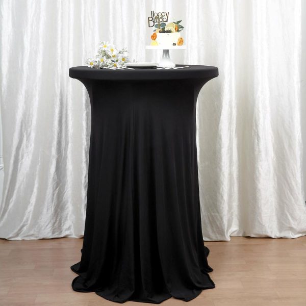 Spandex |  Black Round Spandex Cocktail Table Cover With Natural Wavy Drapes