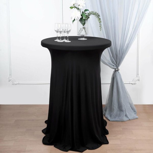 Spandex |  Black Round Spandex Cocktail Table Cover With Natural Wavy Drapes