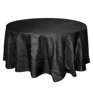 Taffeta & Velvet |  120″ Black Seamless Accordion Crinkle Taffeta Round Tablecloth for 5 Foot Table With Floor-Length Drop