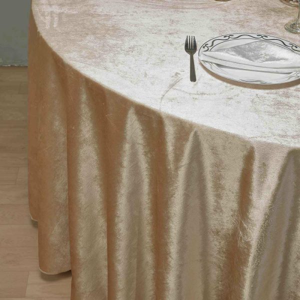 Taffeta & Velvet |  120″ Champagne Seamless Premium Velvet Round Tablecloth, Reusable Linen for 5 Foot Table With Floor-Length Drop