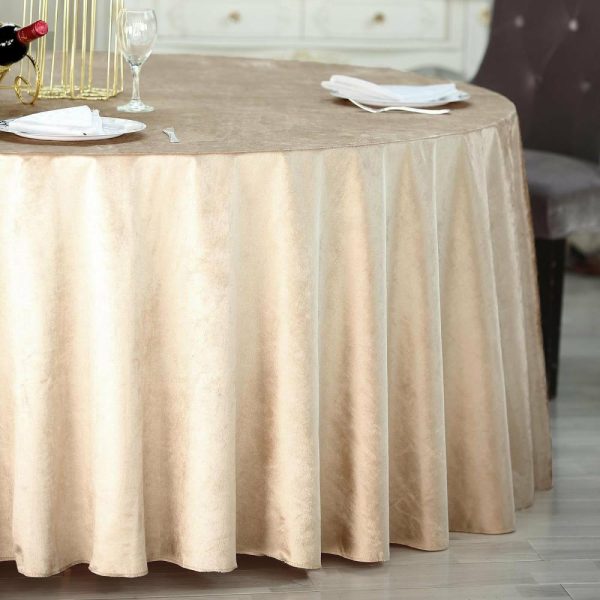 Taffeta & Velvet |  120″ Champagne Seamless Premium Velvet Round Tablecloth, Reusable Linen for 5 Foot Table With Floor-Length Drop