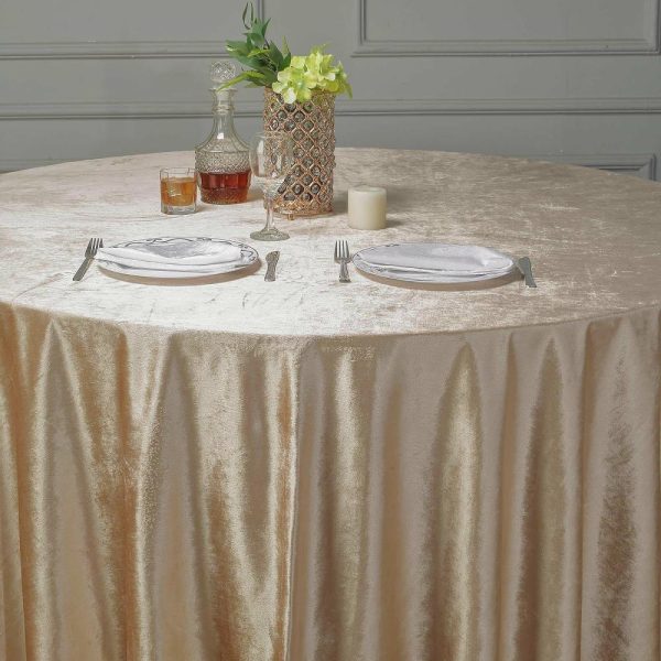 Taffeta & Velvet |  120″ Champagne Seamless Premium Velvet Round Tablecloth, Reusable Linen for 5 Foot Table With Floor-Length Drop