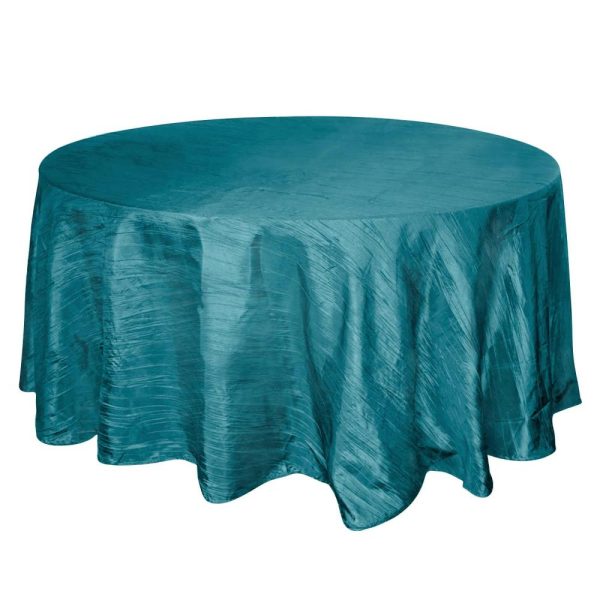 Taffeta & Velvet |  120″ Teal Seamless Accordion Crinkle Taffeta Round Tablecloth for 5 Foot Table With Floor-Length Drop