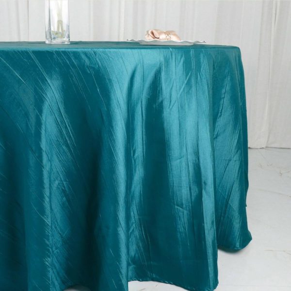 Taffeta & Velvet |  120″ Teal Seamless Accordion Crinkle Taffeta Round Tablecloth for 5 Foot Table With Floor-Length Drop