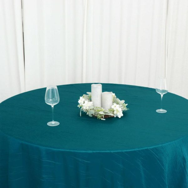 Taffeta & Velvet |  120″ Teal Seamless Accordion Crinkle Taffeta Round Tablecloth for 5 Foot Table With Floor-Length Drop