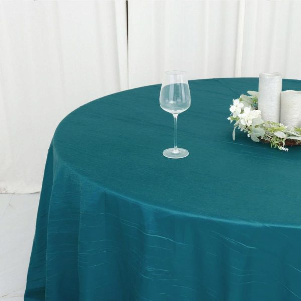 Taffeta & Velvet |  120″ Teal Seamless Accordion Crinkle Taffeta Round Tablecloth for 5 Foot Table With Floor-Length Drop