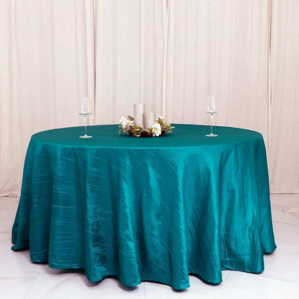 Taffeta & Velvet |  120″ Teal Seamless Accordion Crinkle Taffeta Round Tablecloth for 5 Foot Table With Floor-Length Drop