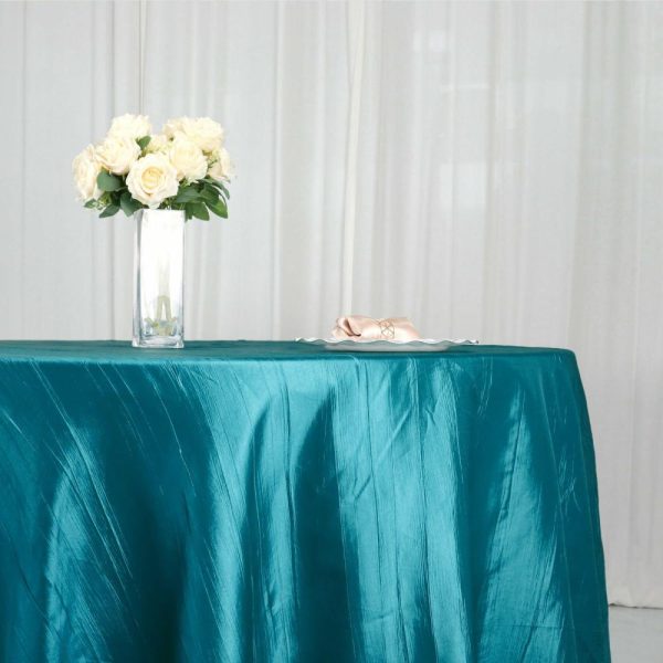 Taffeta & Velvet |  120″ Teal Seamless Accordion Crinkle Taffeta Round Tablecloth for 5 Foot Table With Floor-Length Drop