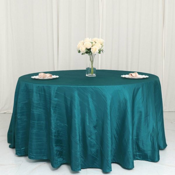 Taffeta & Velvet |  120″ Teal Seamless Accordion Crinkle Taffeta Round Tablecloth for 5 Foot Table With Floor-Length Drop