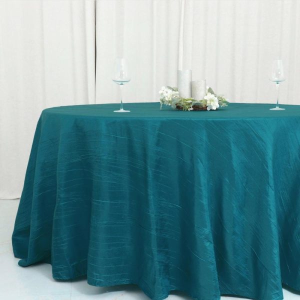 Taffeta & Velvet |  120″ Teal Seamless Accordion Crinkle Taffeta Round Tablecloth for 5 Foot Table With Floor-Length Drop