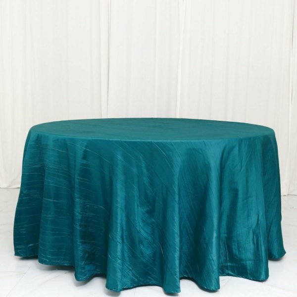 Taffeta & Velvet |  120″ Teal Seamless Accordion Crinkle Taffeta Round Tablecloth for 5 Foot Table With Floor-Length Drop