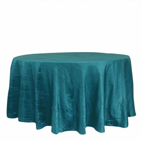 Taffeta & Velvet |  120″ Teal Seamless Accordion Crinkle Taffeta Round Tablecloth for 5 Foot Table With Floor-Length Drop