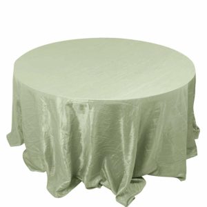 Taffeta & Velvet |  132″ Sage Green Seamless Accordion Crinkle Taffeta Round Tablecloth for 6 Foot Table With Floor-Length Drop