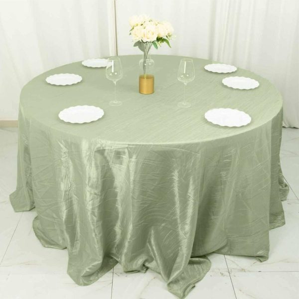 Taffeta & Velvet |  132″ Sage Green Seamless Accordion Crinkle Taffeta Round Tablecloth for 6 Foot Table With Floor-Length Drop