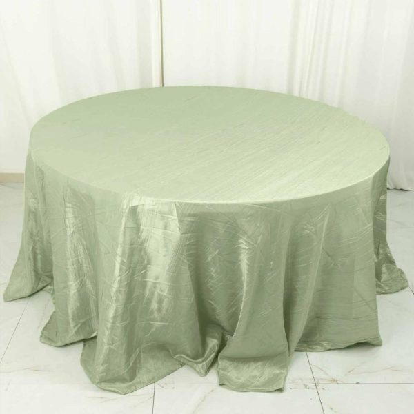 Taffeta & Velvet |  132″ Sage Green Seamless Accordion Crinkle Taffeta Round Tablecloth for 6 Foot Table With Floor-Length Drop