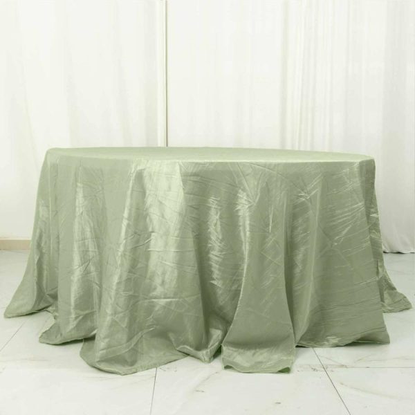 Taffeta & Velvet |  132″ Sage Green Seamless Accordion Crinkle Taffeta Round Tablecloth for 6 Foot Table With Floor-Length Drop