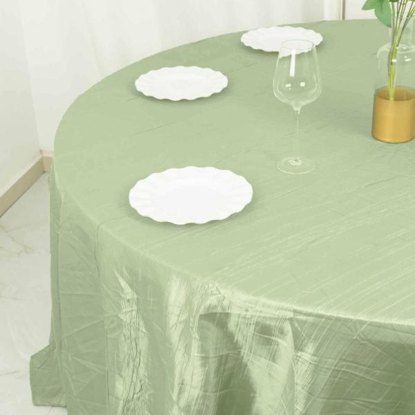 Taffeta & Velvet |  132″ Sage Green Seamless Accordion Crinkle Taffeta Round Tablecloth for 6 Foot Table With Floor-Length Drop