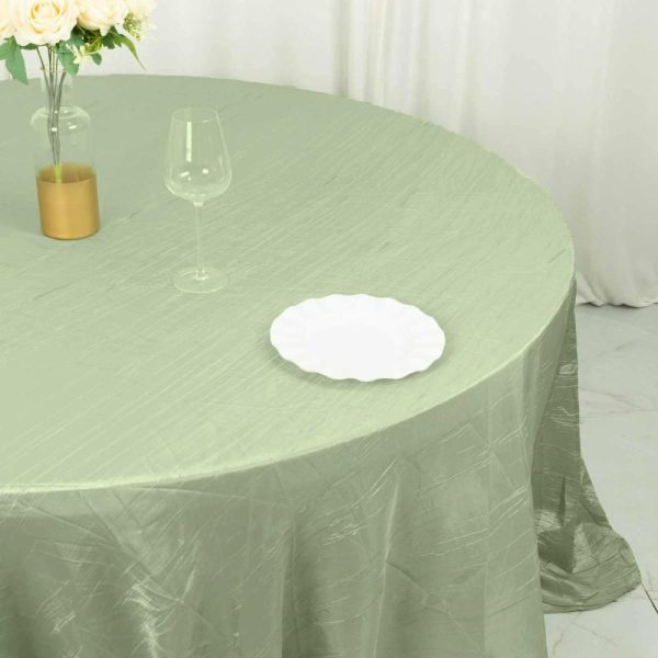 Taffeta & Velvet |  132″ Sage Green Seamless Accordion Crinkle Taffeta Round Tablecloth for 6 Foot Table With Floor-Length Drop