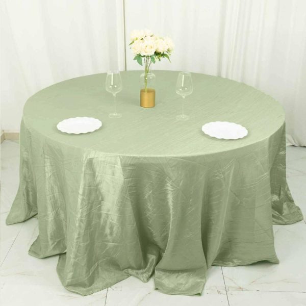 Taffeta & Velvet |  132″ Sage Green Seamless Accordion Crinkle Taffeta Round Tablecloth for 6 Foot Table With Floor-Length Drop