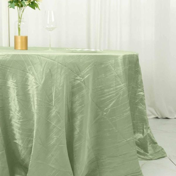 Taffeta & Velvet |  132″ Sage Green Seamless Accordion Crinkle Taffeta Round Tablecloth for 6 Foot Table With Floor-Length Drop