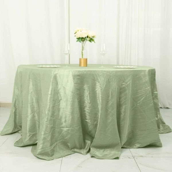 Taffeta & Velvet |  132″ Sage Green Seamless Accordion Crinkle Taffeta Round Tablecloth for 6 Foot Table With Floor-Length Drop