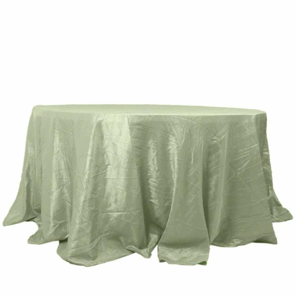 Taffeta & Velvet |  132″ Sage Green Seamless Accordion Crinkle Taffeta Round Tablecloth for 6 Foot Table With Floor-Length Drop