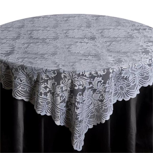 Burlap & Lace |  90″x90″ White Lace Square Table Overlay