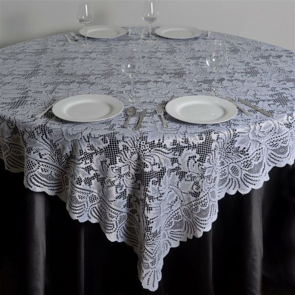 Burlap & Lace |  90″x90″ White Lace Square Table Overlay