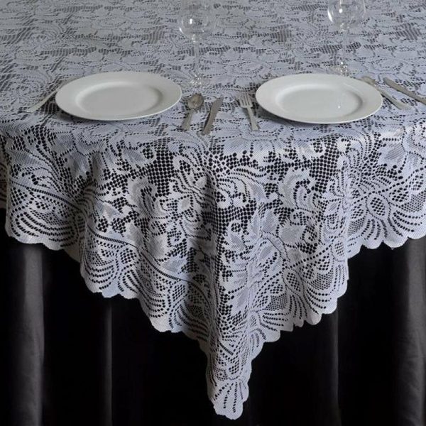 Burlap & Lace |  90″x90″ White Lace Square Table Overlay