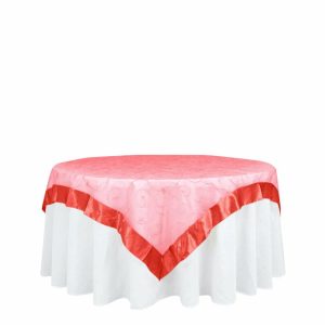 Organza |  72″x72″ Red Embroidered Sheer Organza Square Table Overlay With Satin Edge