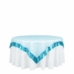 Organza |  72″x72″ Turquoise Embroidered Sheer Organza Square Table Overlay With Satin Edge