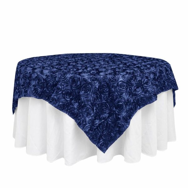 Rosette |  72″x72″ Navy Blue 3D Rosette Satin Square Table Overlay