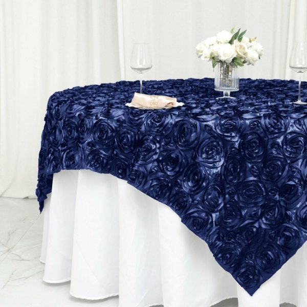 Rosette |  72″x72″ Navy Blue 3D Rosette Satin Square Table Overlay