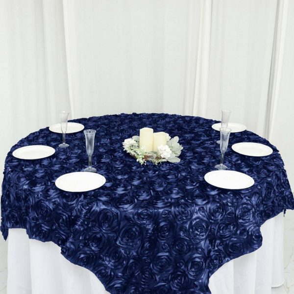 Rosette |  72″x72″ Navy Blue 3D Rosette Satin Square Table Overlay