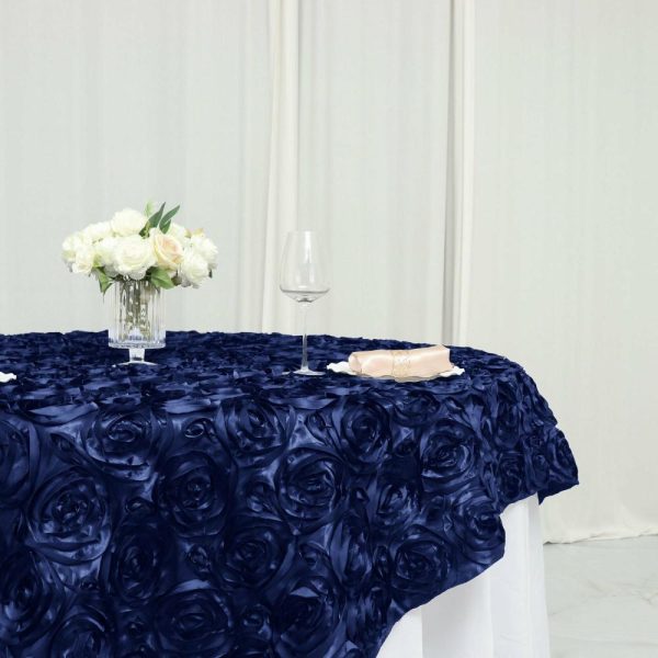 Rosette |  72″x72″ Navy Blue 3D Rosette Satin Square Table Overlay