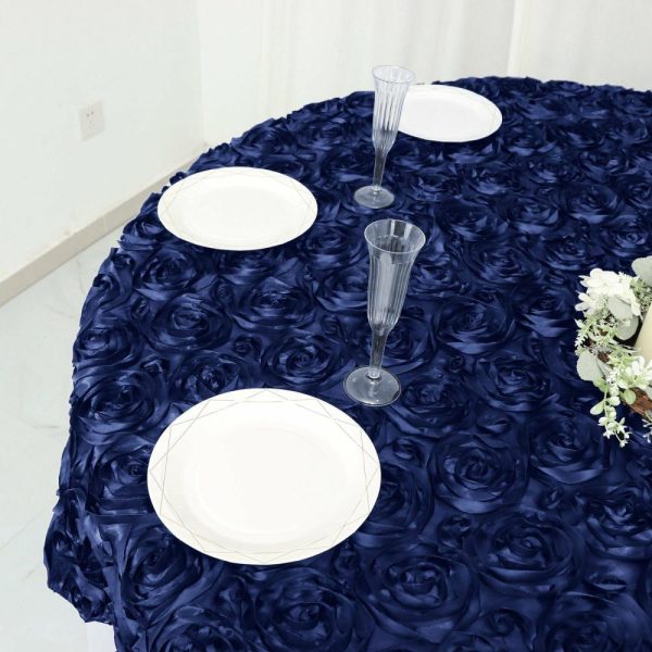 Rosette |  72″x72″ Navy Blue 3D Rosette Satin Square Table Overlay