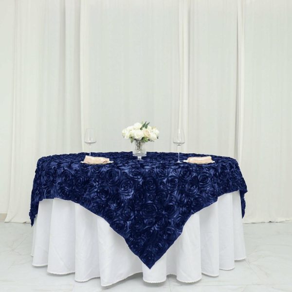 Rosette |  72″x72″ Navy Blue 3D Rosette Satin Square Table Overlay